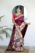 Wine Woven Jacquard Designer Embroidery Work Party Wear Saree - Parampara | Grocsy