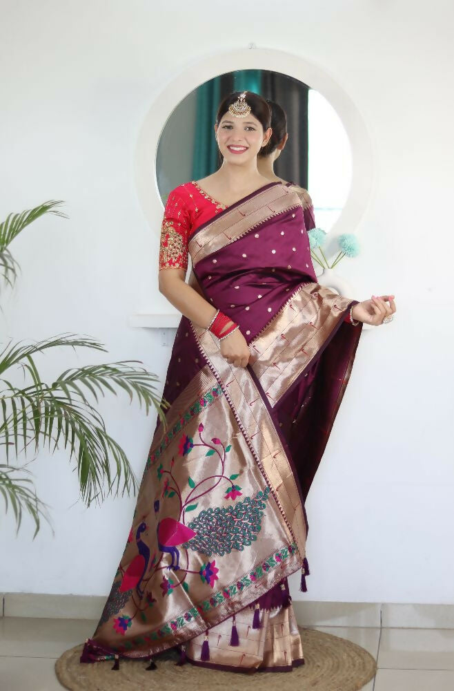 Wine Woven Jacquard Designer Embroidery Work Party Wear Saree - Parampara | Grocsy