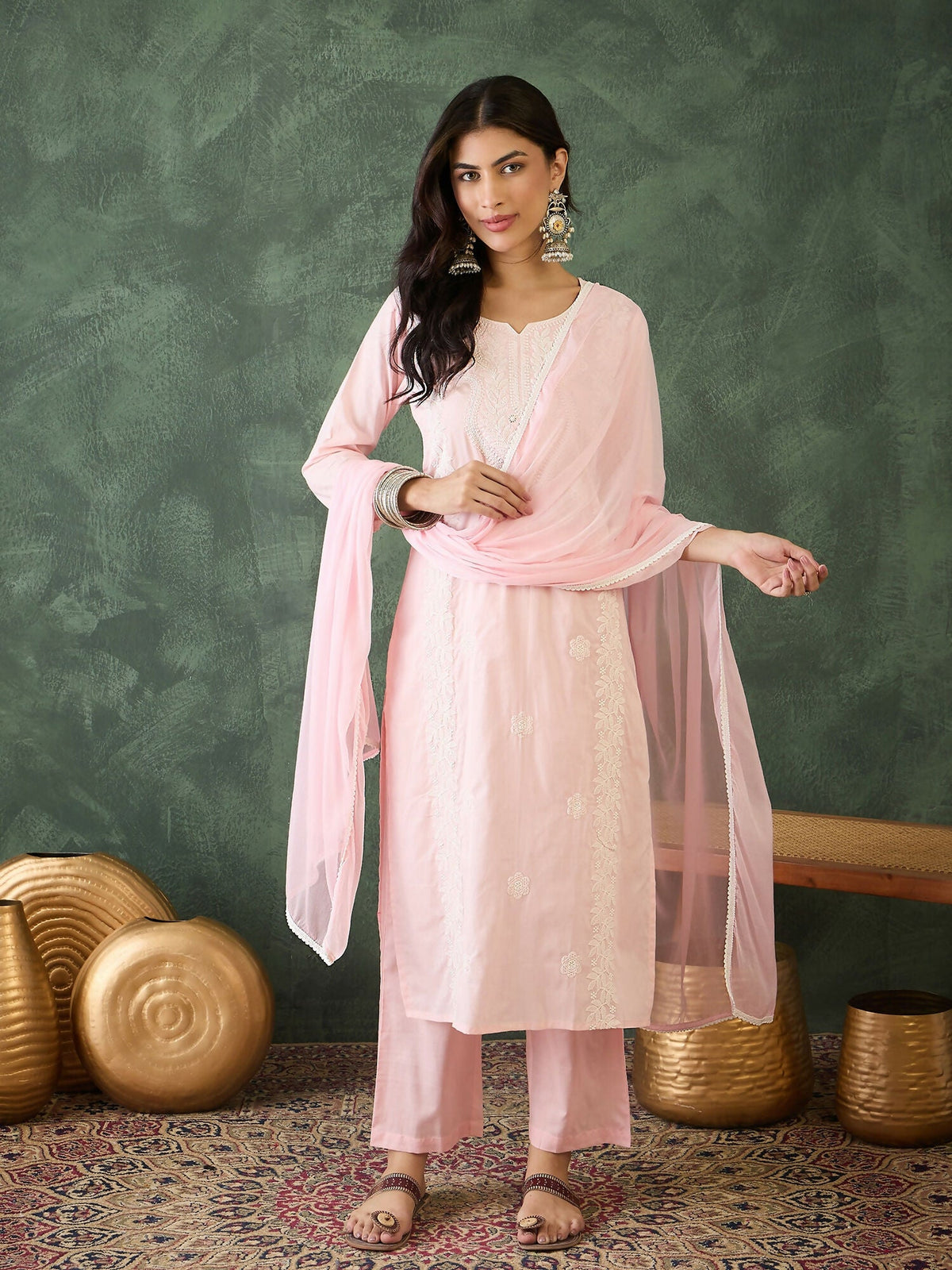 The52 Baby pink Women's Gorgeous Cotton Blend Fabric Thread Work Straight Kurta, Pant and Dupatta Set | Grocsy