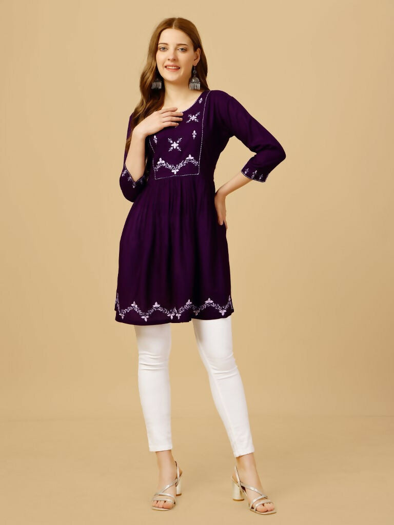 Jyoti Fashion Women's Purple Viscose Rayon Embroidered Casual Top | Grocsy
