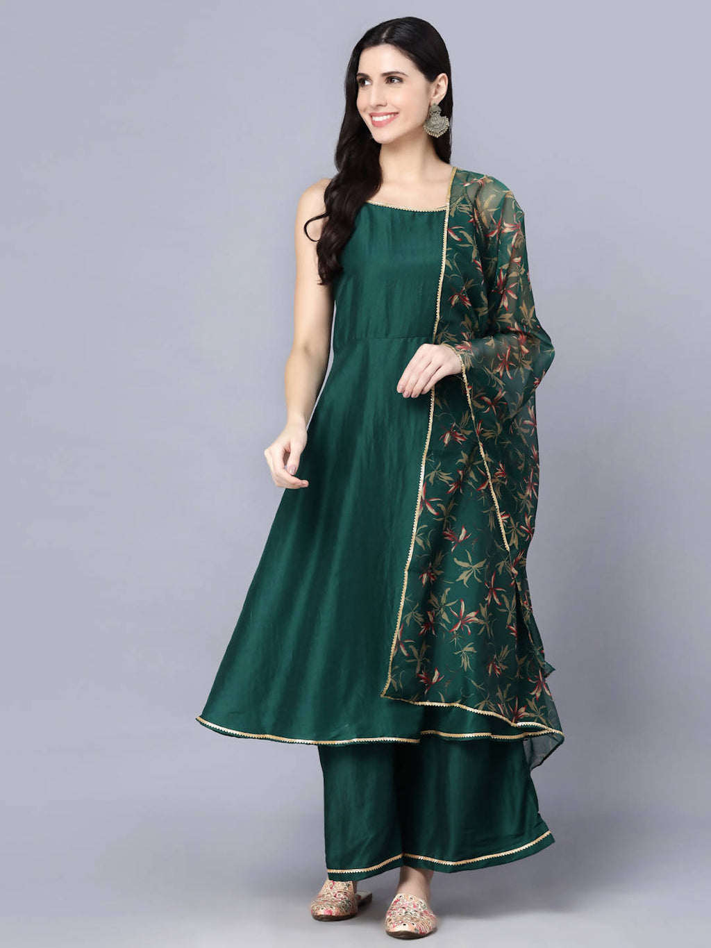 Myshka Women Green Ethnic Motifs Yoke Design Panelled Kurti with Sharara With Dupatta | Grocsy