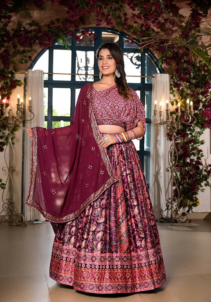 Women's Wedding Traditional Mulberry Dull Satin Lehenga Choli - Kaushlya | Grocsy