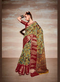 Green Cotton Floral Printed Saree With Unstitched Blouse Piece - Kathika | Grocsy