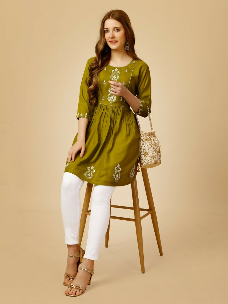 Jyoti Fashion Women's Mehendi Viscose Rayon Embroidered Casual Top | Grocsy