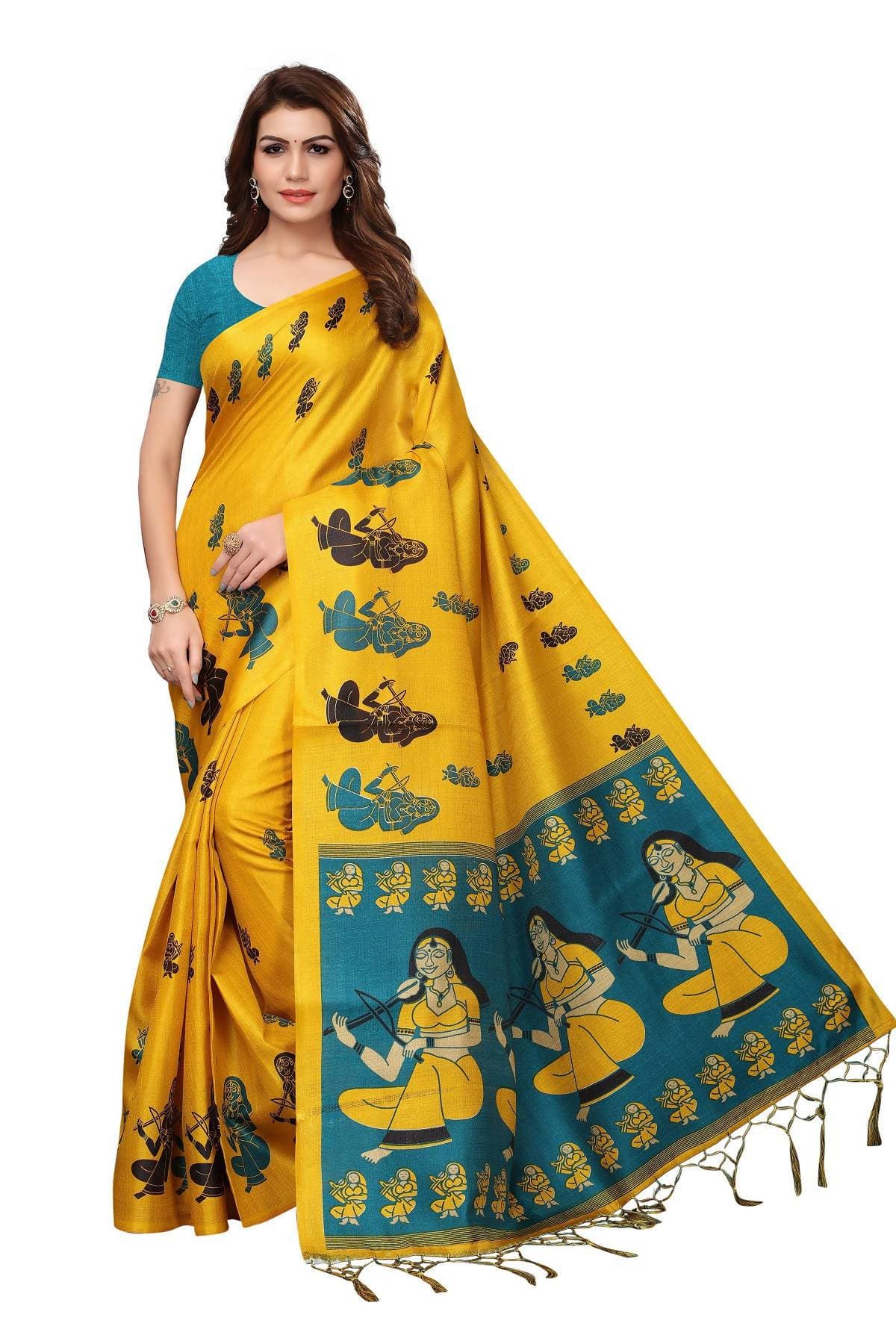 Vamika Yellow & Blue Kalamkari With Jhalar Khadi Silk Saree | Grocsy