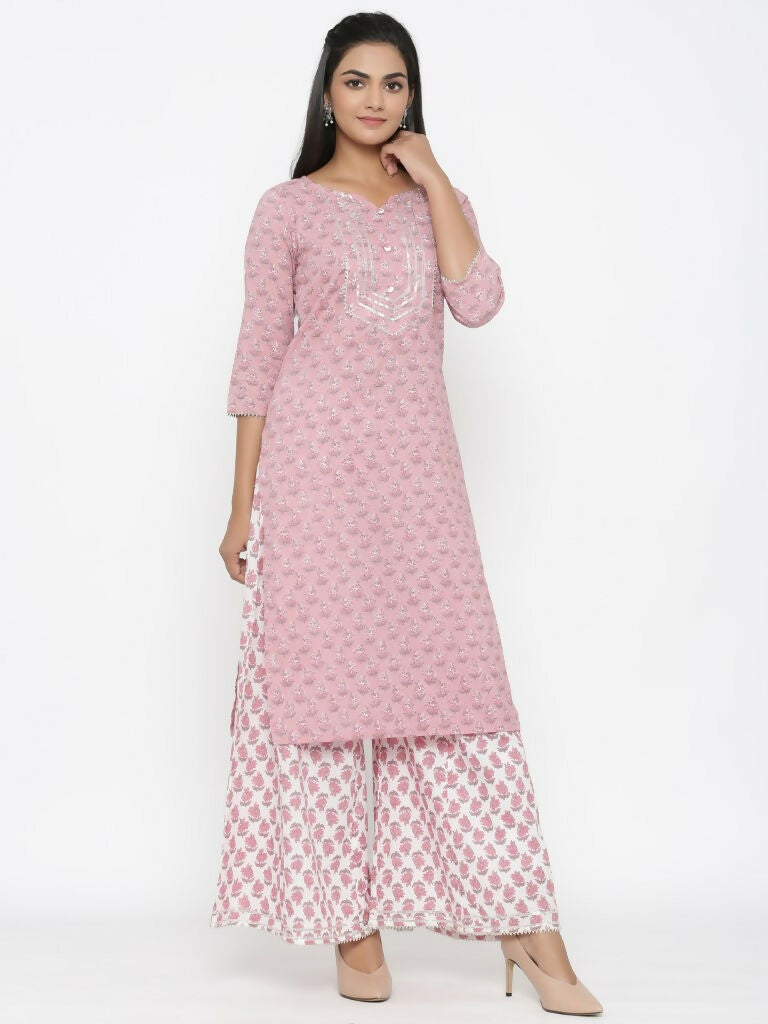 Miravan Women's Cotton Floral Print Straight Kurta And Palazzo Set | Grocsy