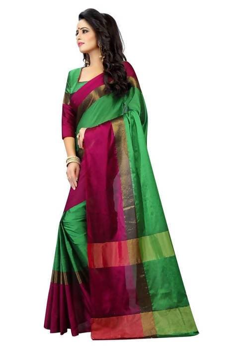 Vamika Green and Parrot Pink Cotton Silk Weaving Saree (Shreeji Parrot Pink) | Grocsy