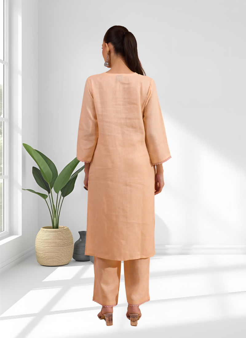 Joban Fashion Coral Linen Embroidered Readymade Long Kurta With Pant | Grocsy