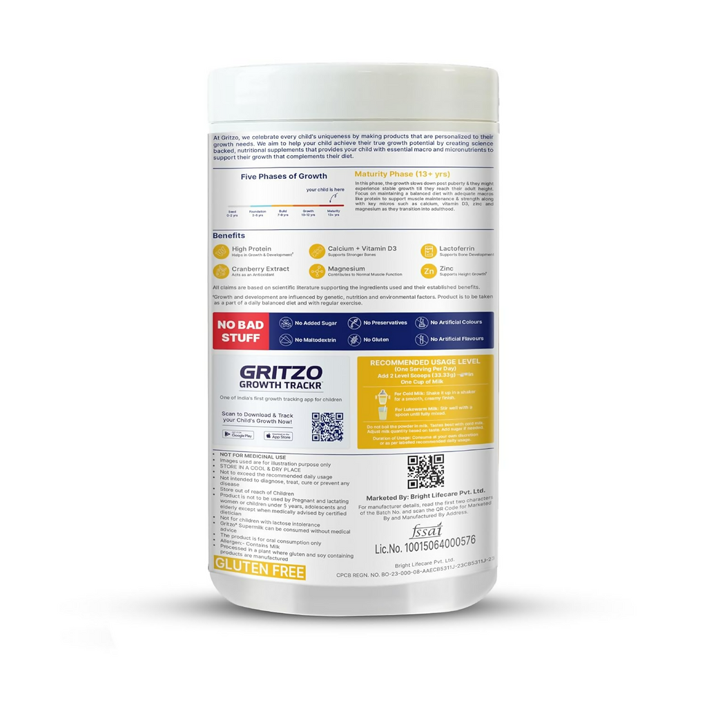 Gritzo SuperMilk Growth+ (Formerly Height+) Unsweetened Drink Mix (13+y Girls), 13g Protein Powder - Creamy Vanilla | Grocsy