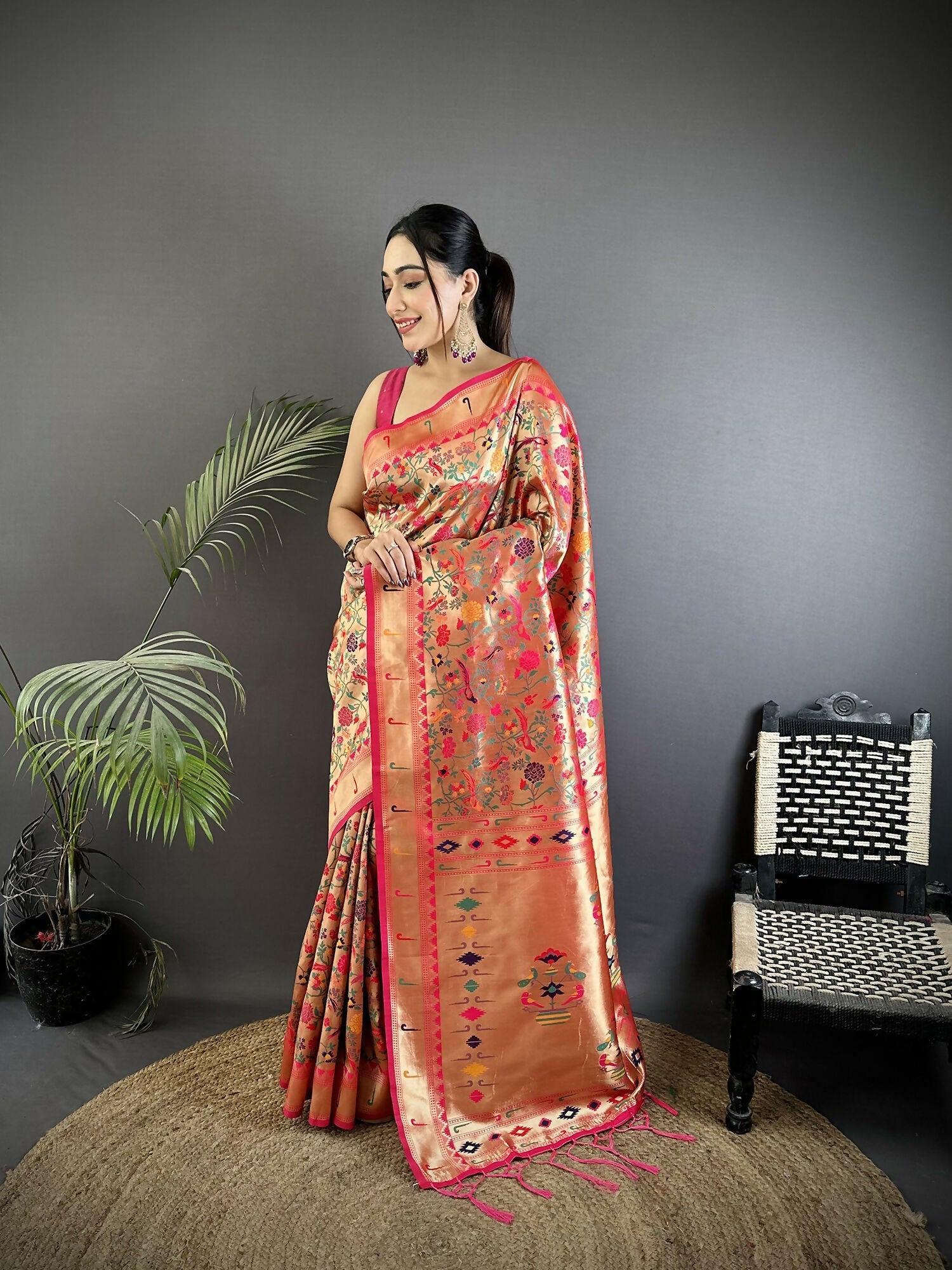 Joban Fashion Rani Pink Floral & Leaf Designs Soft Silk Paithani Saree | Grocsy