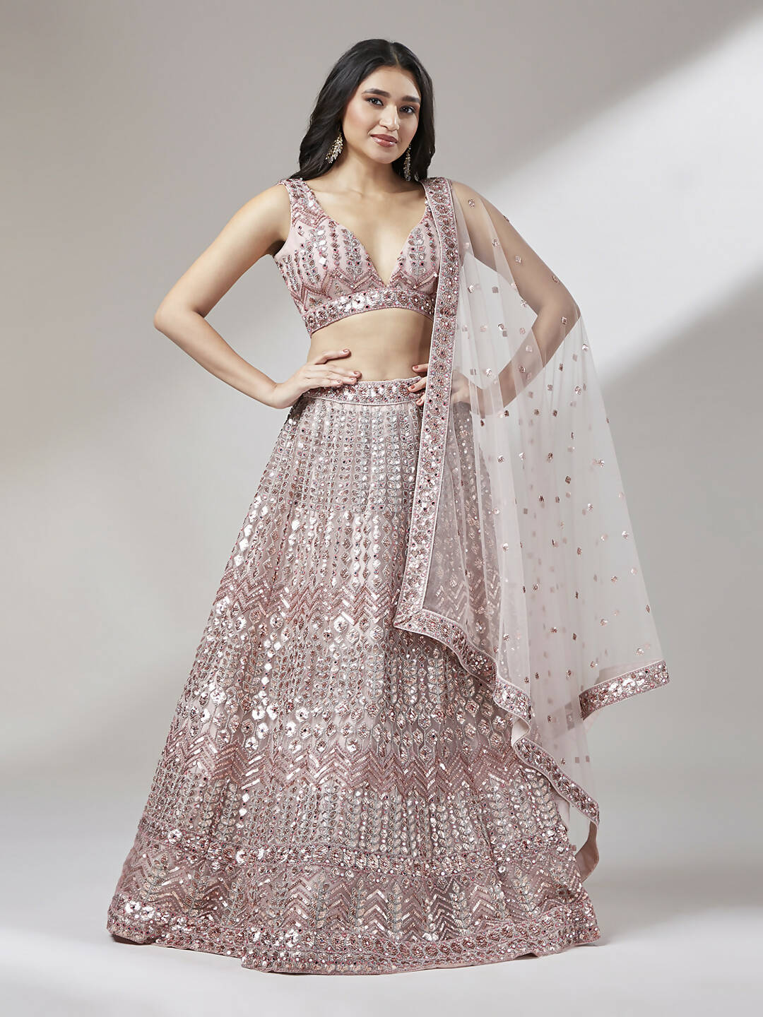 House of Panchhi Rose Gold Net Mirror & Sequinse embroidery Lehenga choli & Dupatta | Grocsy
