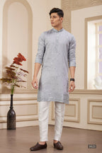 Raivat Ethnic Men's Art Silk Thread Work Kurta Pyjama In Light Grey Colour | Grocsy