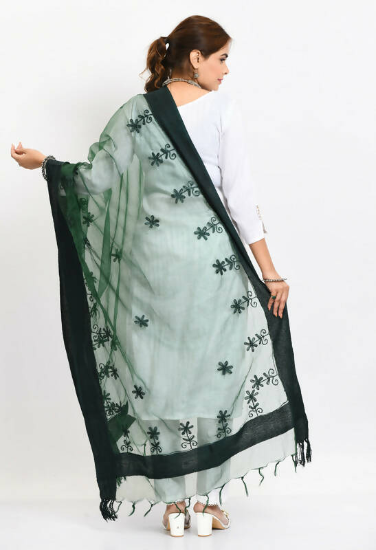 Mominos Fashion Moeza Women's Orgenza All Over Chikan Work Bottle Green Dupatta | Grocsy