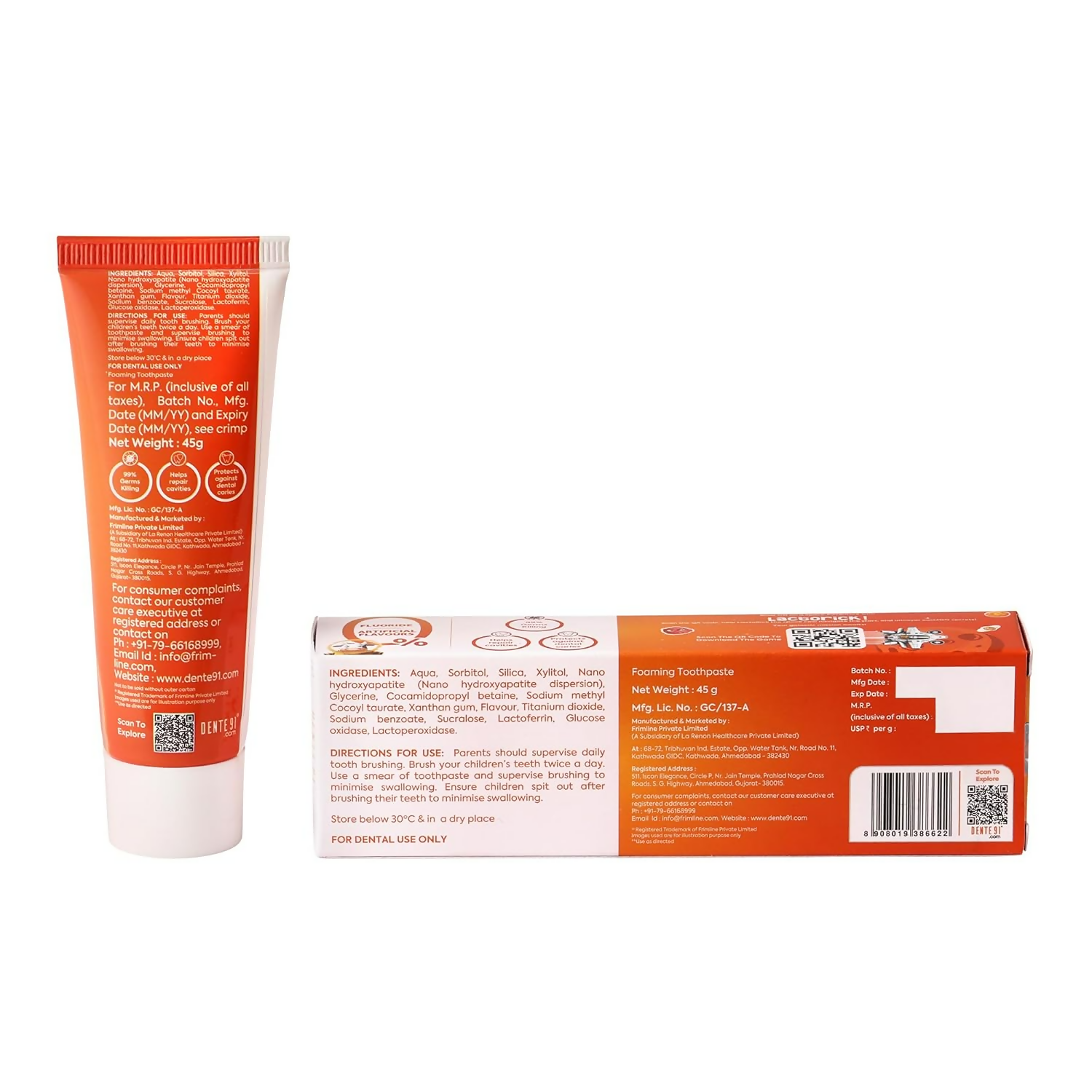Dente91 Kids Toothpaste Protects Against Dental Caries & Hypersensitivity Fluoride Free, Mango Flavour | Grocsy