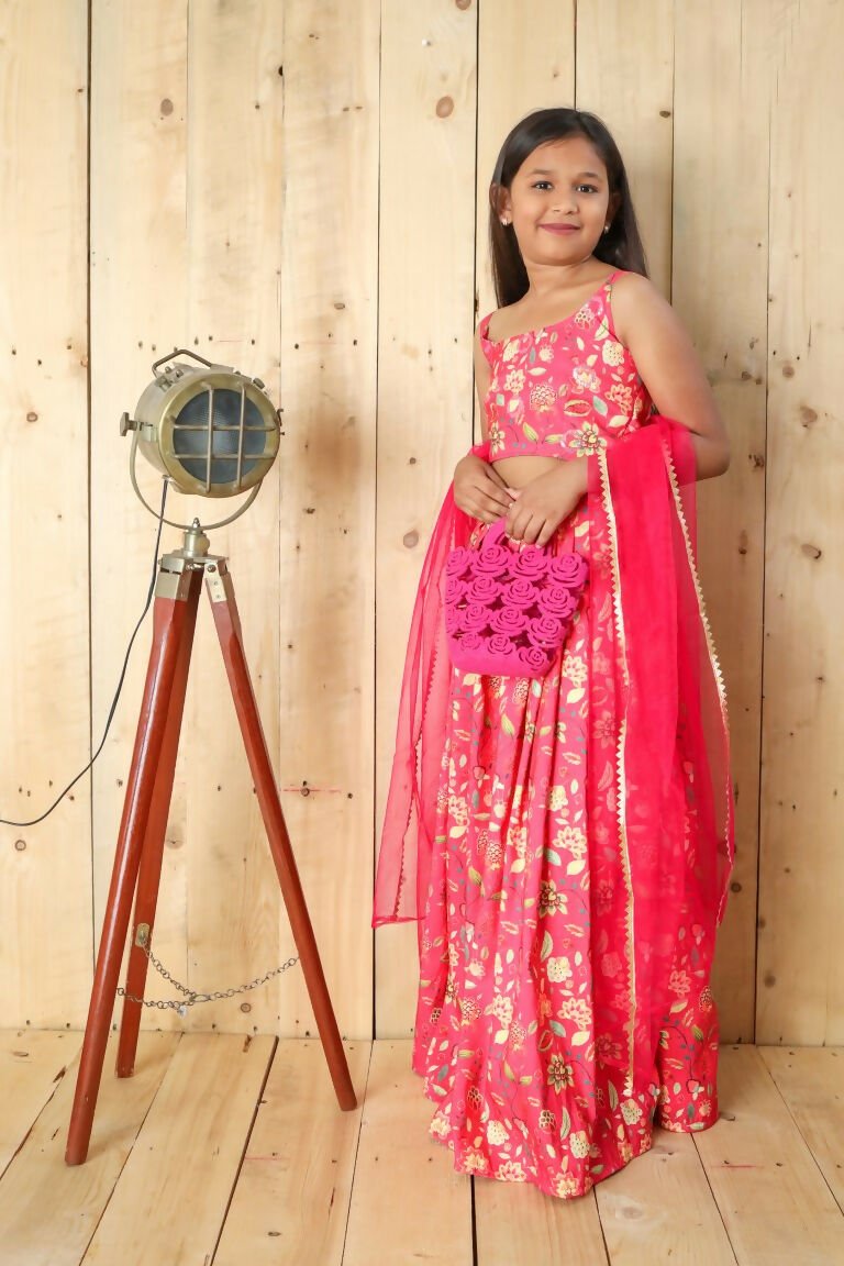 Aayaa Designer Printed Silk Embroidery Kids Lehenga Choli - Pink | Grocsy