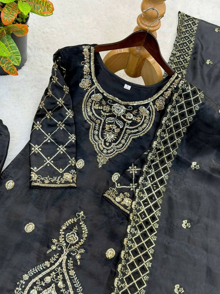 Teeya Creation Black Color Gimmychu Silk Embroidery Work Wedding Wear Salwar Suit | Grocsy