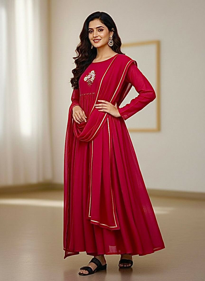 Teeya Creation Womens New Simply Wear Pure Mul Viscos Chanderi Cotton Red Gown Set | Grocsy