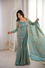 Teeya Creation New Womens Trendy Embroidery Sequence Work Teal Kurta Set | Grocsy