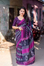 Purple Linen Blend Ethnic Motifs Saree with Unstitched Blouse - A2M | Grocsy