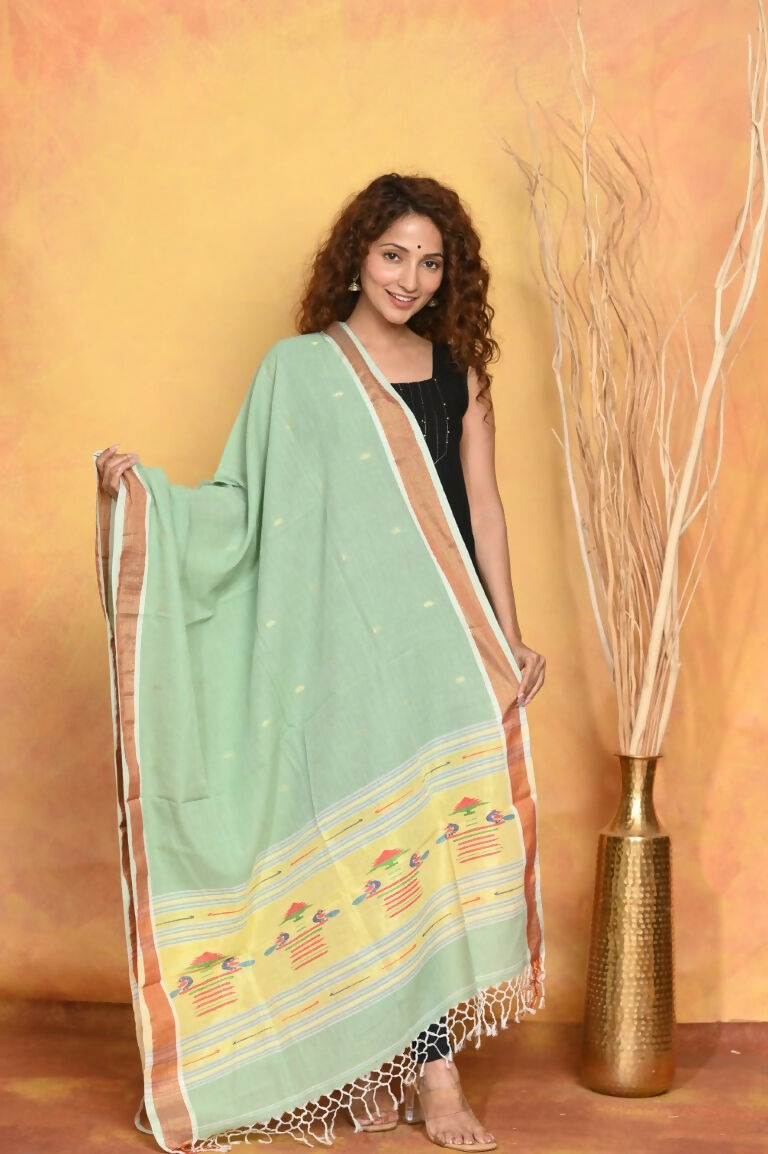 Very Much Indian Handloom Pure Cotton Paithani Dupatta - Sea Green | Grocsy