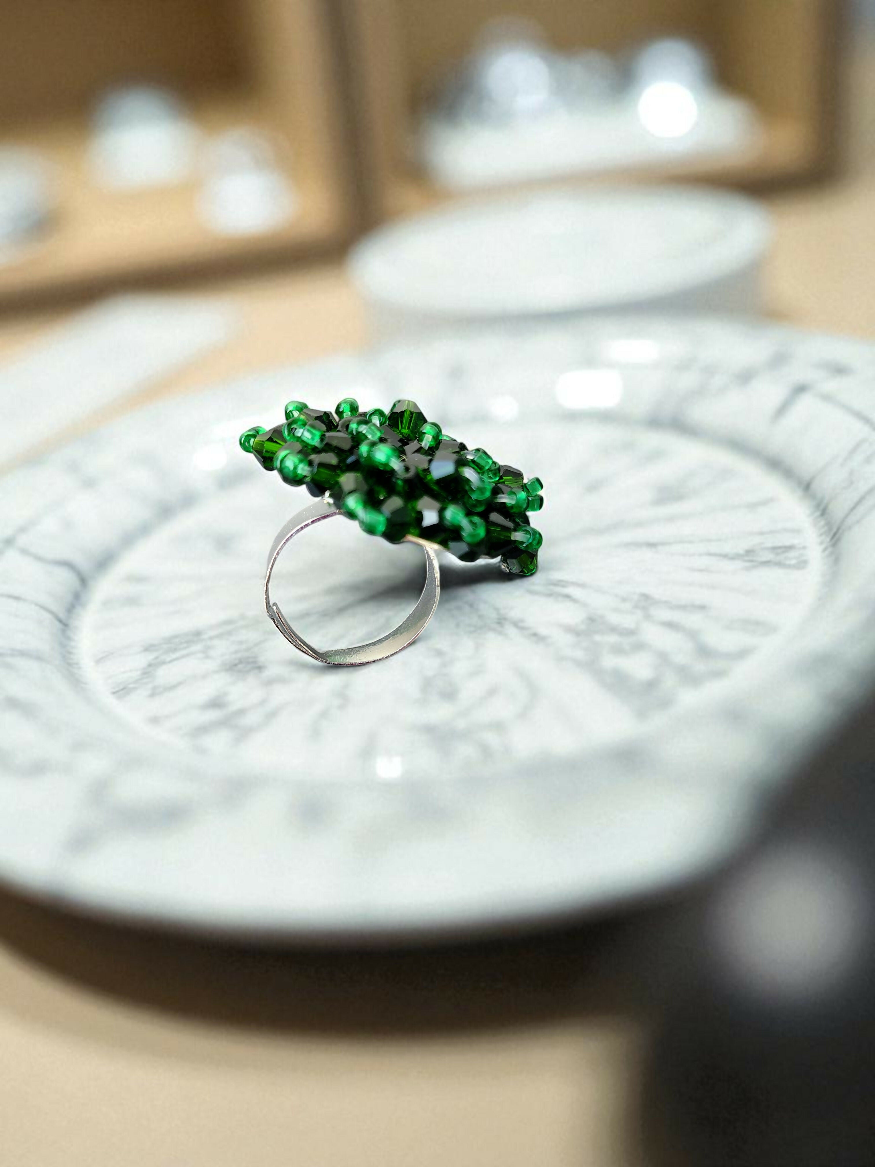 Inhanns Rang-E-Roshan Adjustable Ring – Handmade Crystal Statement Ring - Dark Green | Grocsy