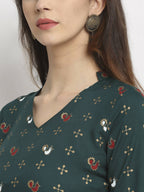 Rudra Bazaar Floral Printed A-Line Flared Green Kurti | Grocsy