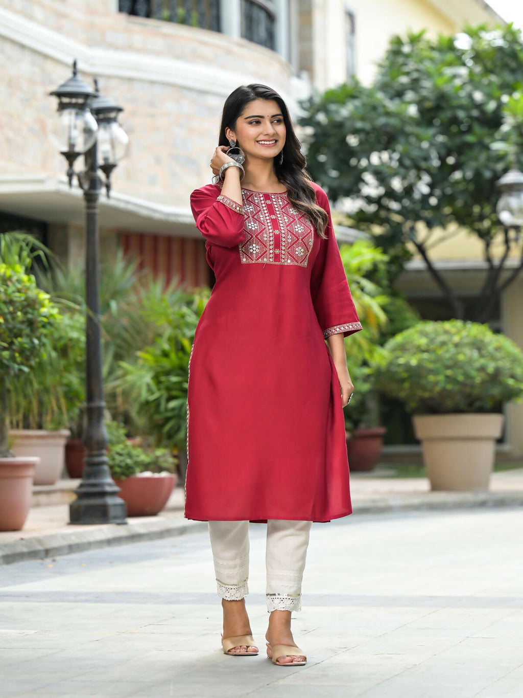 Juniper Women's Maroon Solid Rayon Kurti With Mirror Work & Sequins | Grocsy