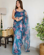 Vamsee Ramya Blue Organza Saree | Grocsy