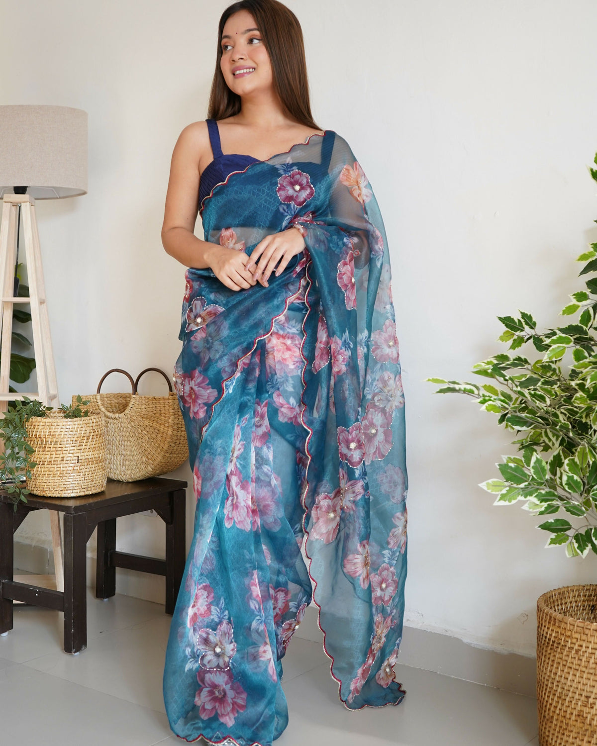 Vamsee Ramya Blue Organza Saree | Grocsy