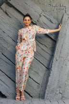 Women's Partywear Designer White & Multi Muslin co-ord set - Stylishta | Grocsy
