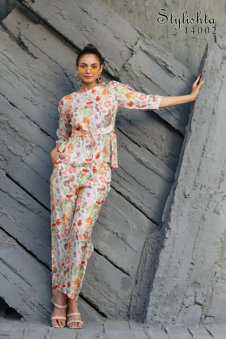 Women's Partywear Designer White & Multi Muslin co-ord set - Stylishta | Grocsy