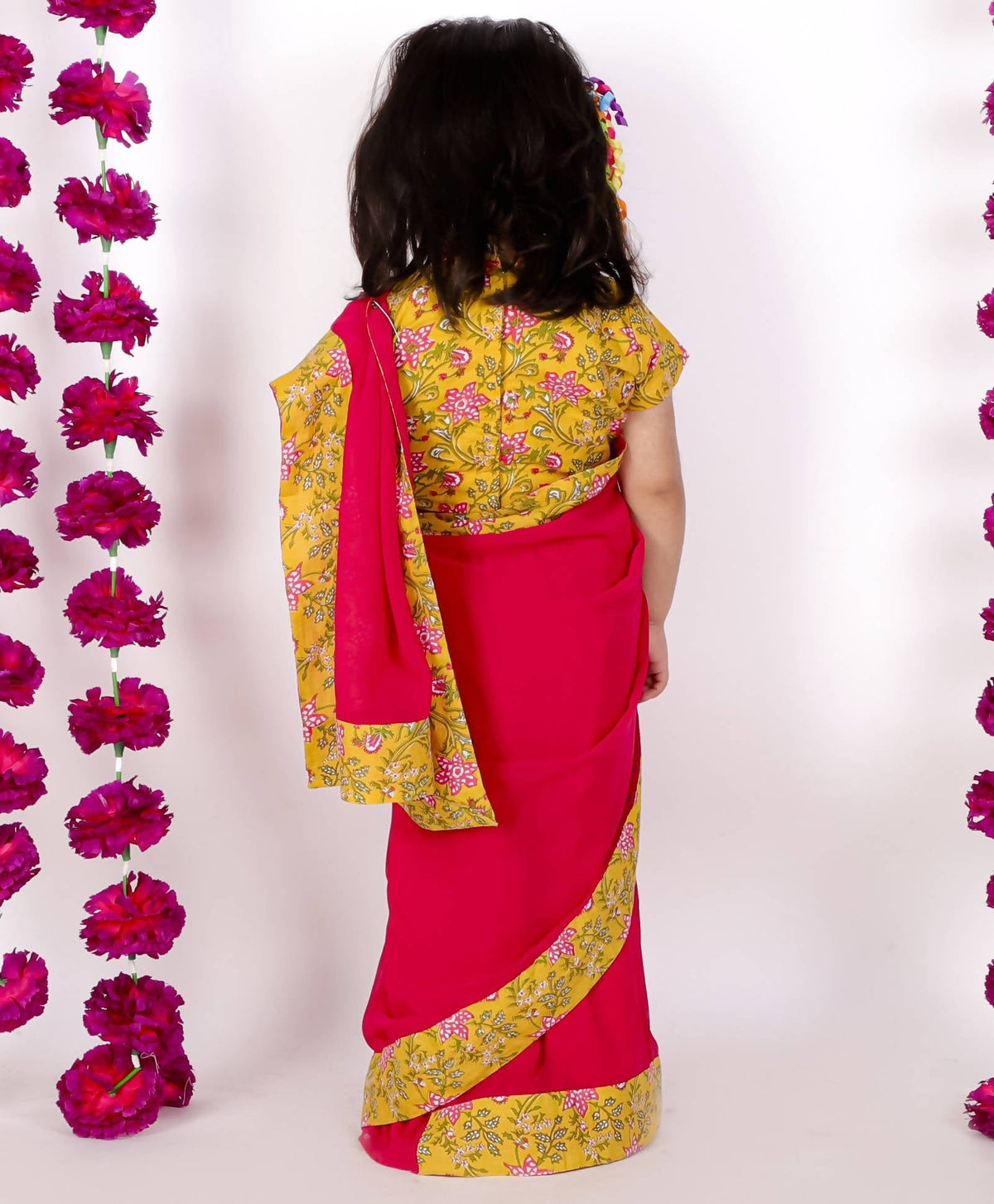 Little Bansi Girls Yellow and Magenta Red Saree with Floral Blouse | Grocsy