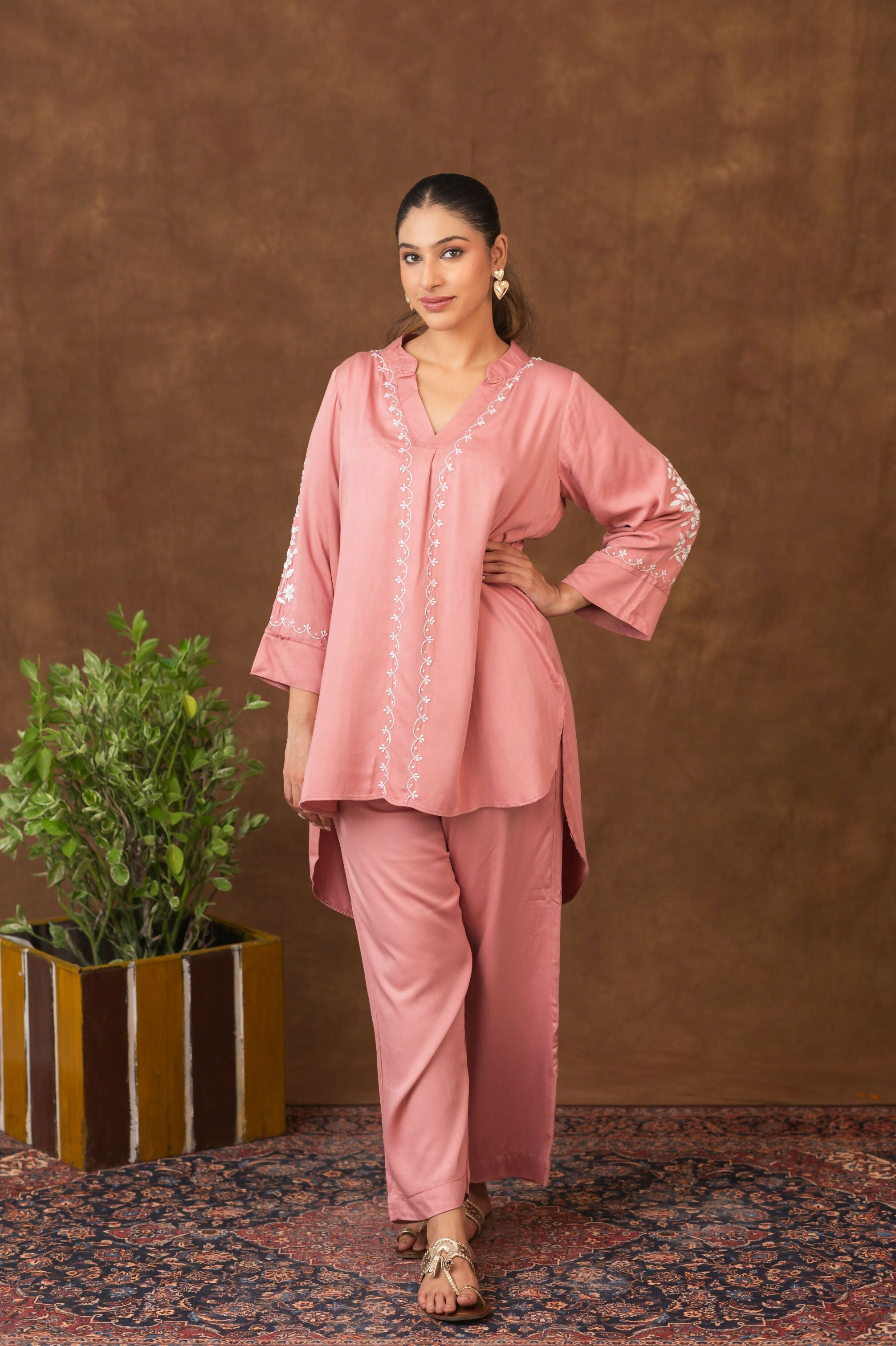Gharana India Jashn Premium Women's Chikankari Embroidered Twilight Silk Co-ord Set - Onion Pink | Grocsy