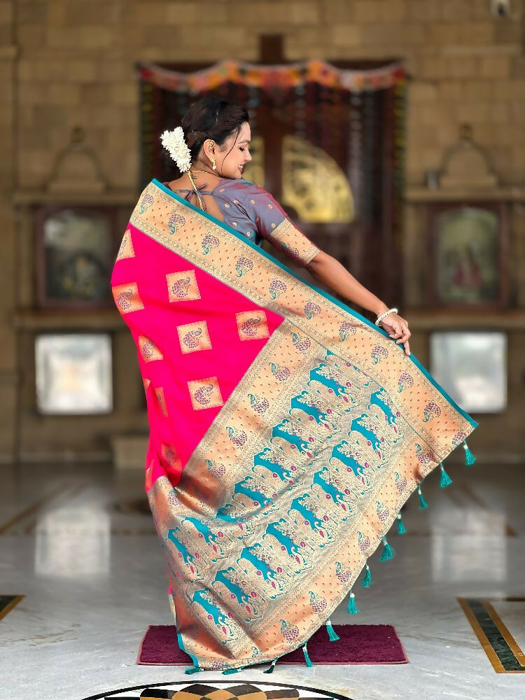PR Fashion Rani Pink Soft Banarasi Silk With Zari Weaving Meenakari Design Saree | Grocsy