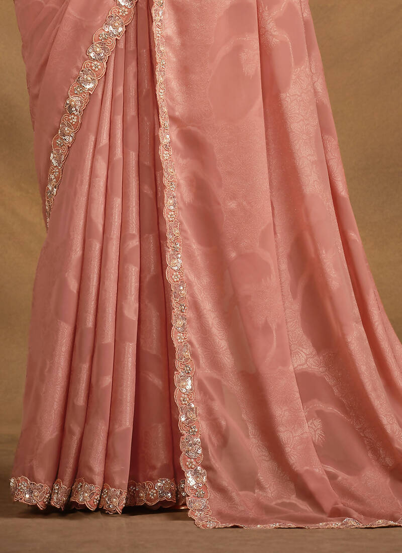 Peach Self Jacquard Georgette Designer Saree with Unstitched Blouse - Norita Mahitha | Grocsy