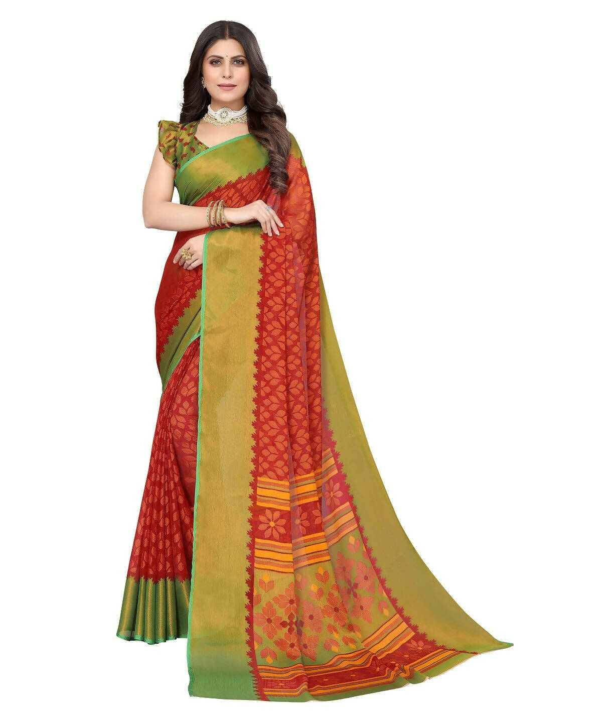 Vamika Red Chiffon Brasso Bollywood Style Woven Saree (ALIZA RED) | Grocsy