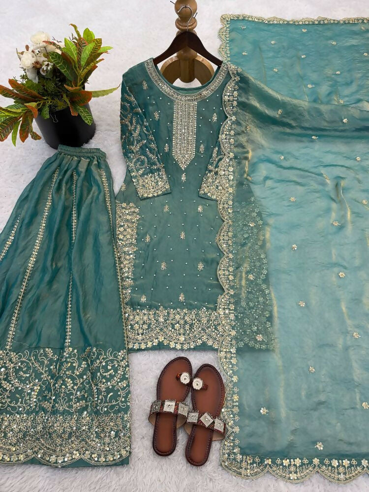 Teeya Creation Turquoise Color Fendy Silk Embroidery Work Wedding Wear Salwar Suit | Grocsy