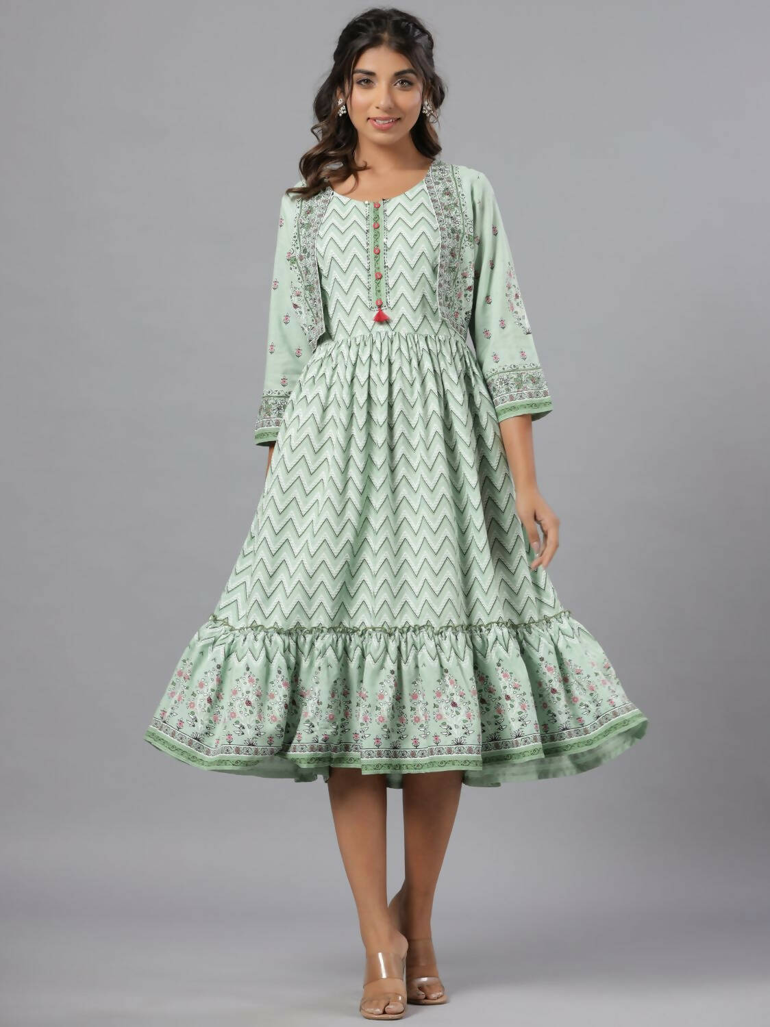 Juniper Women Sage Green Rayon Printed Jacket Style Midi Dress | Grocsy