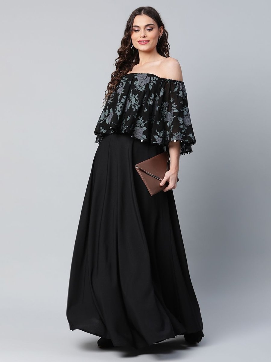 Ahalyaa Women Crepe Printed Black Dress | Grocsy