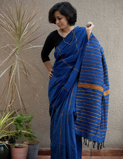 Exclusive Collection Khadi Cotton Handloom Khesh Saree With Blouse Piece - Blue | Grocsy
