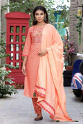 Yufta Women Peach Floral Mirror Work Pure Cotton Kurta with Trouser and Dupatta | Grocsy