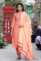 Yufta Women Peach Floral Mirror Work Pure Cotton Kurta with Trouser and Dupatta | Grocsy