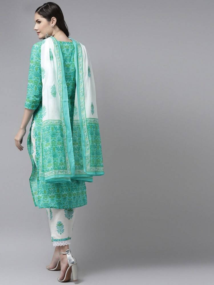 Yufta Green & White Ethnic Motifs Printed Mirror Work Kurta with Palazzo & Dupatta | Grocsy