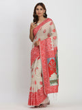 Shree Shyam Fashion Linen Cotton Cream & Red Saree | Grocsy