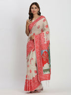 Shree Shyam Fashion Linen Cotton Cream & Red Saree | Grocsy