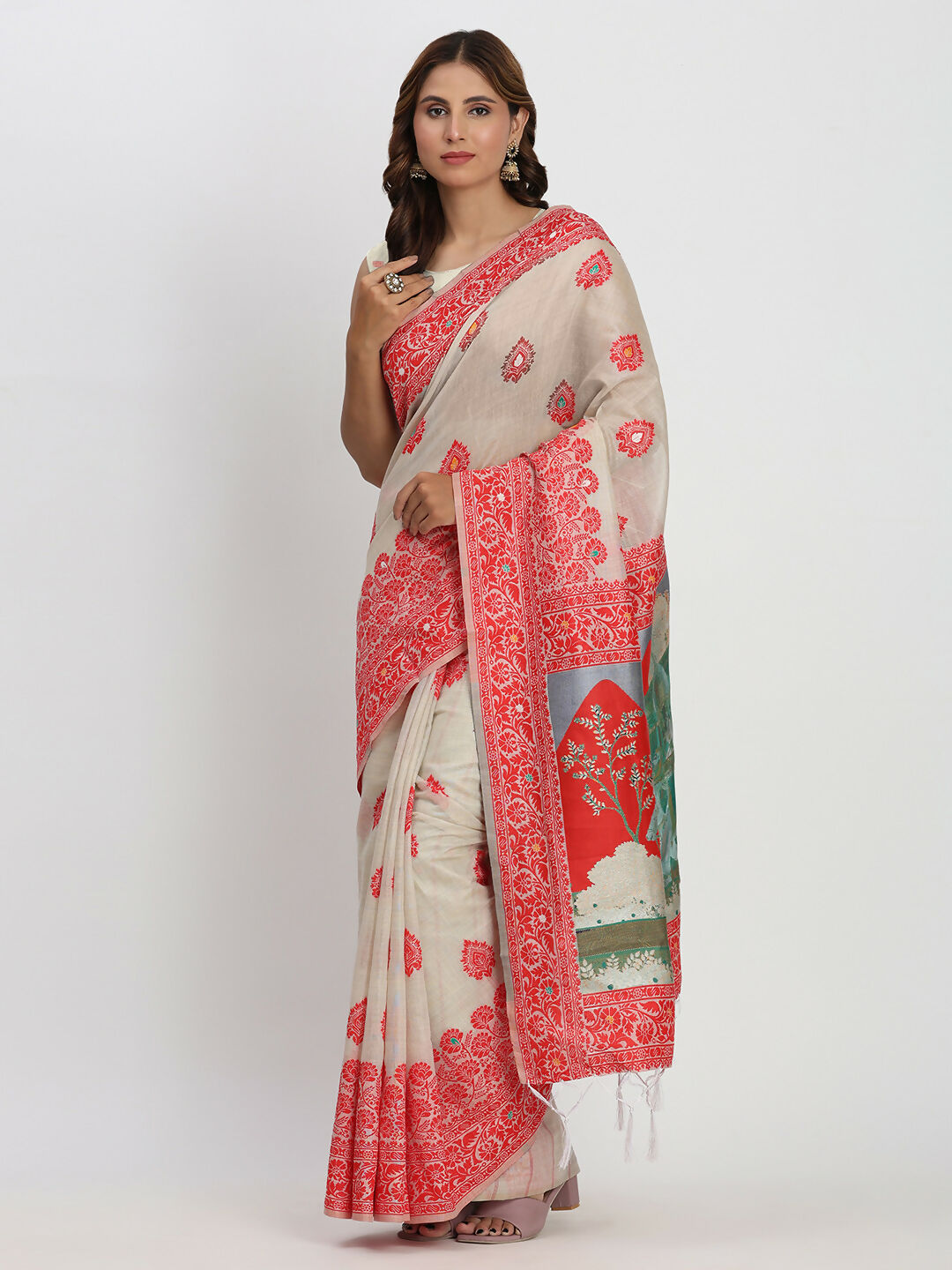 Shree Shyam Fashion Linen Cotton Cream & Red Saree | Grocsy