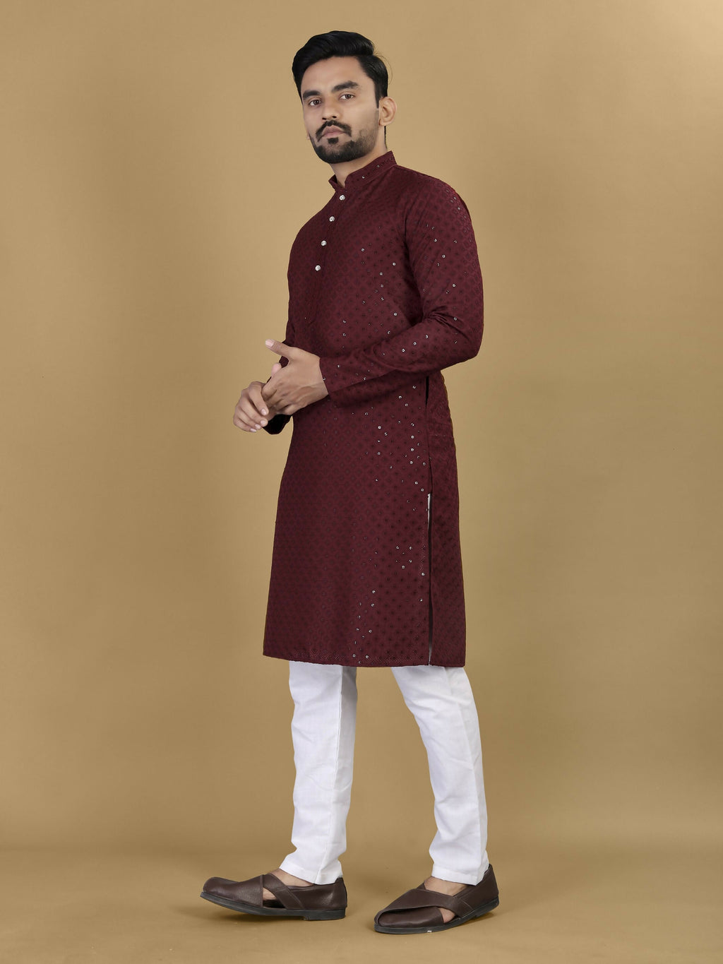 Anaita Maroon Embroidered Rayon Straight Kurta | Grocsy