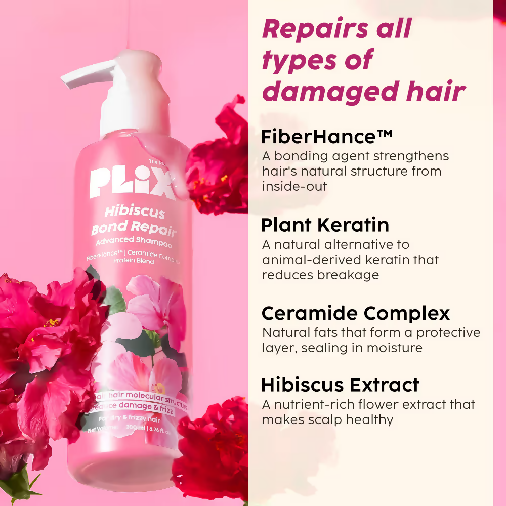 PLIX The Plant Fix Hibiscus Frizz Control Hair Serum + Bond Repair Advanced Shampoo | Grocsy