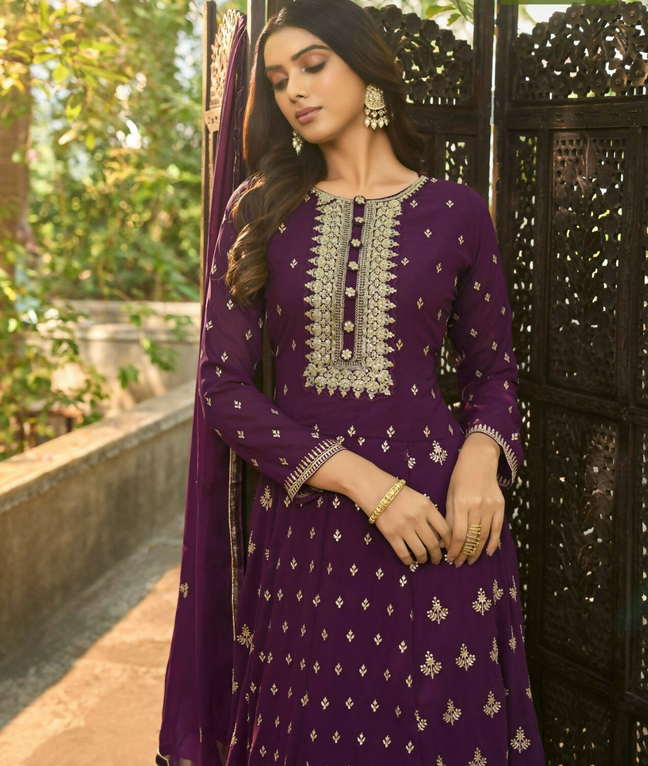 Purple Heavy Faux Georgette Anarkali Embroidered Kurta Set - Dhvani | Grocsy