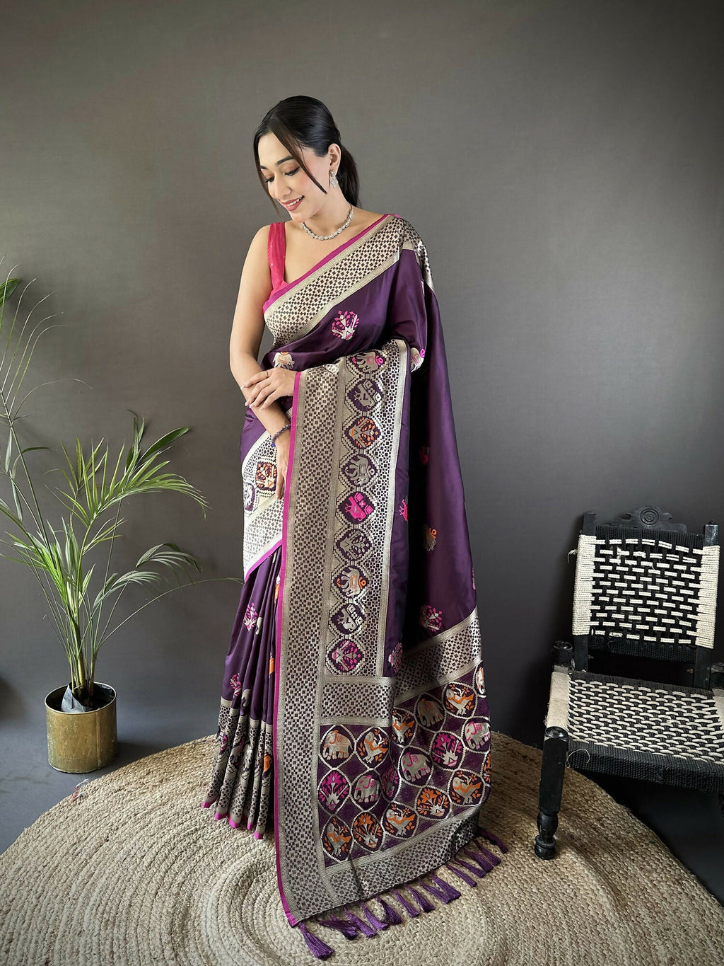 Joban Fashion Wine Elephant & Floral Motifs Soft Lichi Silk Banarasi Saree | Grocsy